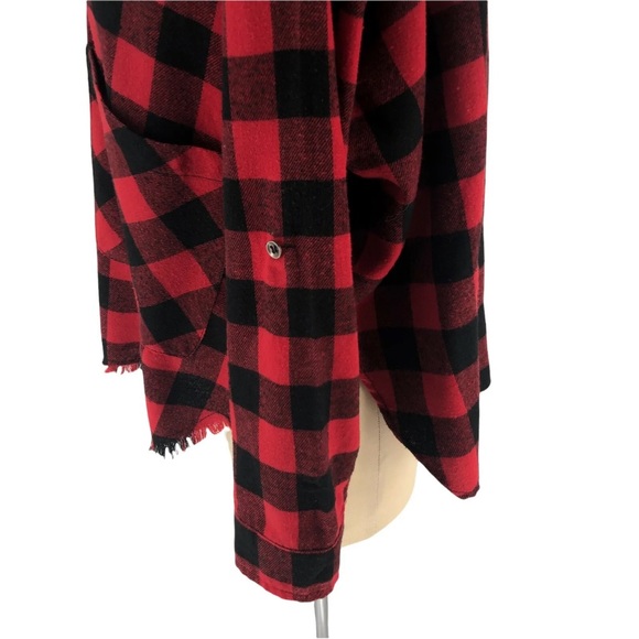 FAVLUX Womens Red & Black Check Button Up Roll Tab Sleeve Fringe Crop - Picture 6 of 13